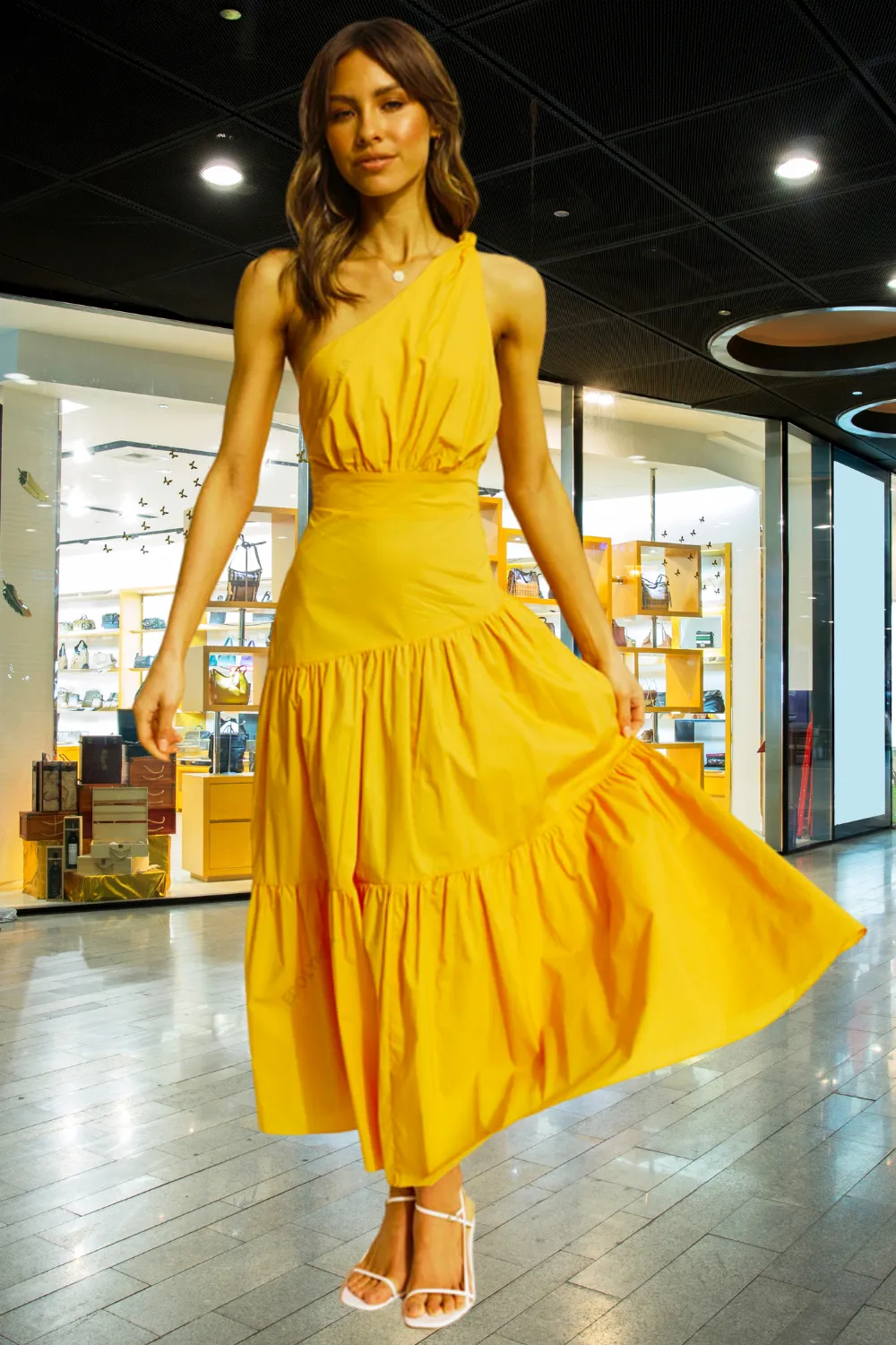 Asymmetrical One Shoulder Strapped Midi Dress