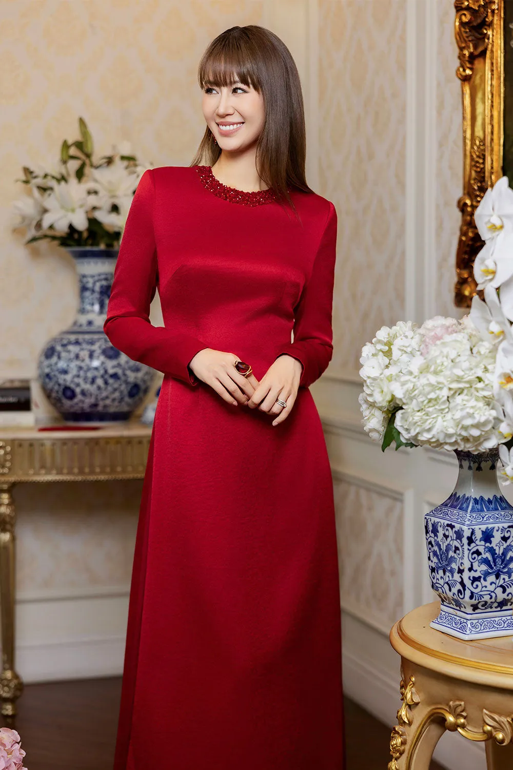 Audrey A-line Long Sleeved Taffeta Silk Floor Length Ao Dai
