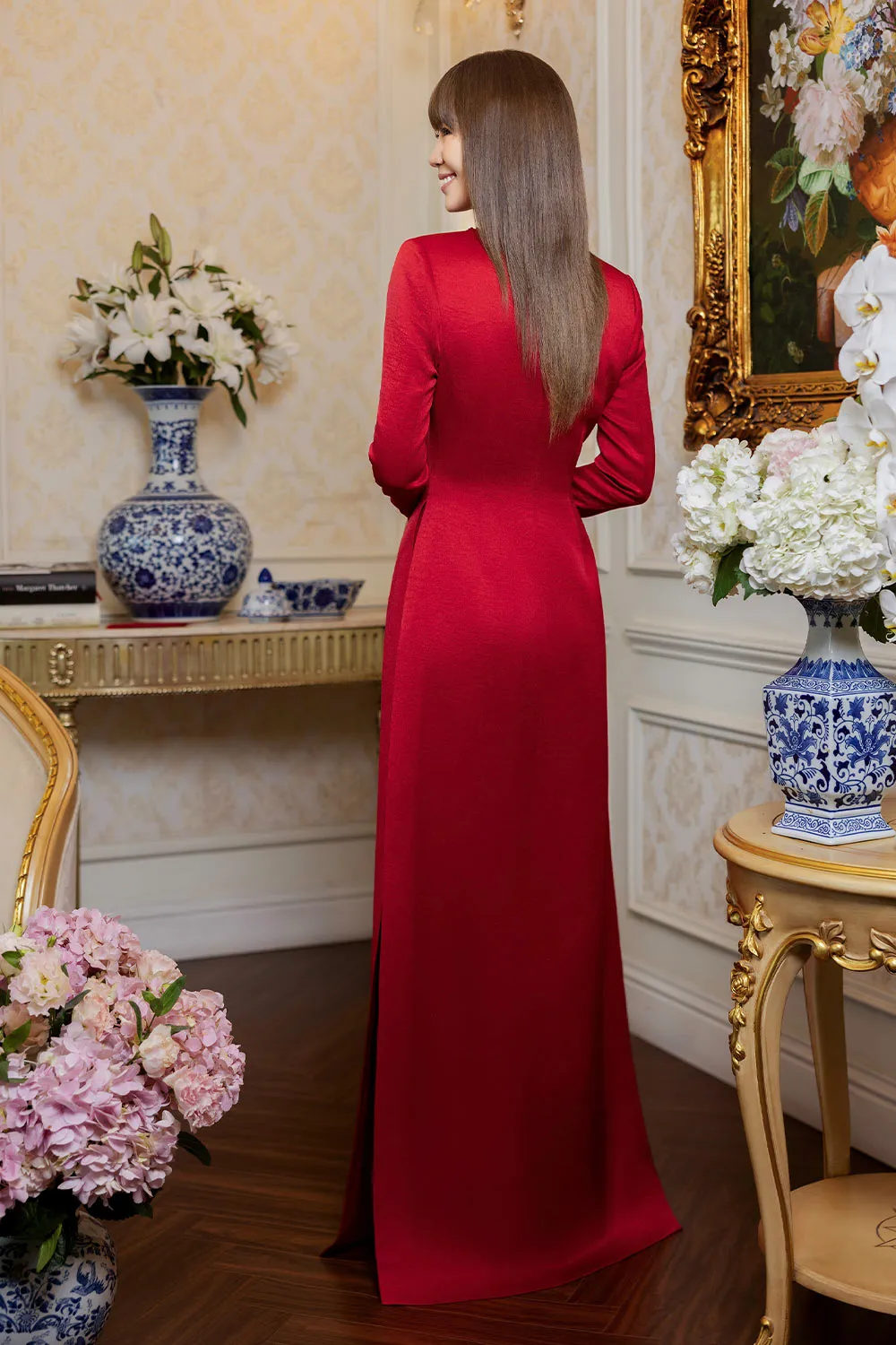 Audrey A-line Long Sleeved Taffeta Silk Floor Length Ao Dai