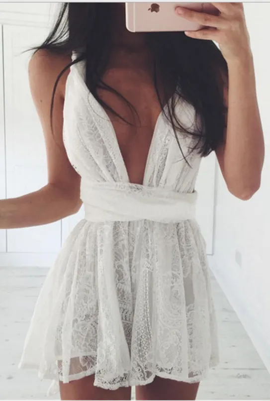 Backless Spaghetti Strap White Lace Back Cross V-neck Short Dress