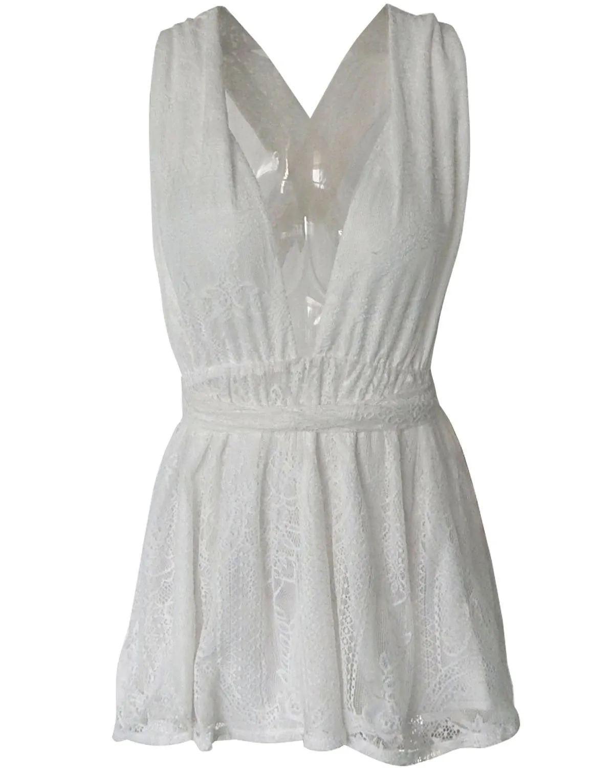 Backless Spaghetti Strap White Lace Back Cross V-neck Short Dress