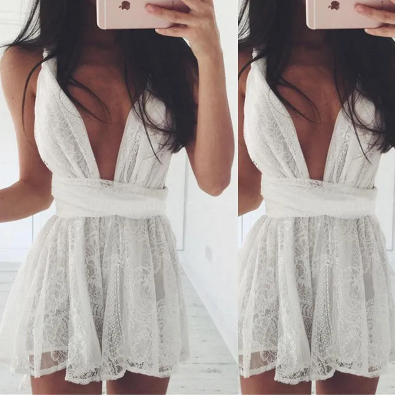 Backless Spaghetti Strap White Lace Back Cross V-neck Short Dress