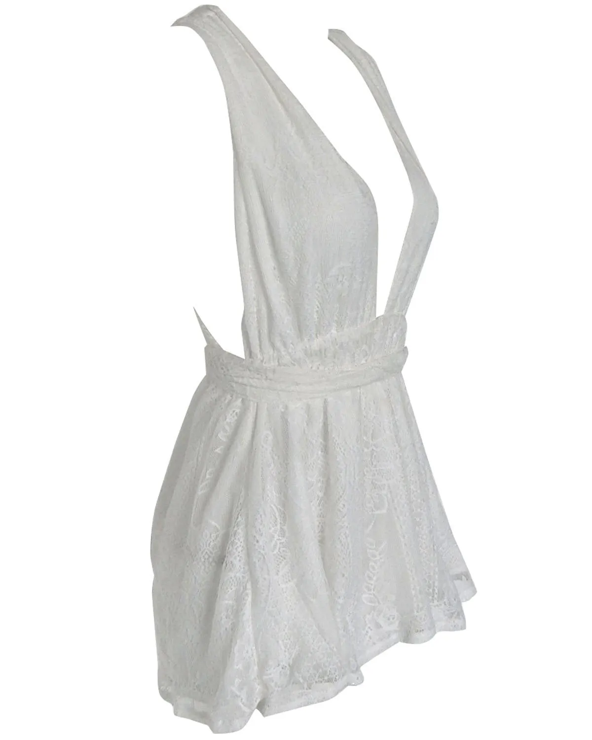 Backless Spaghetti Strap White Lace Back Cross V-neck Short Dress