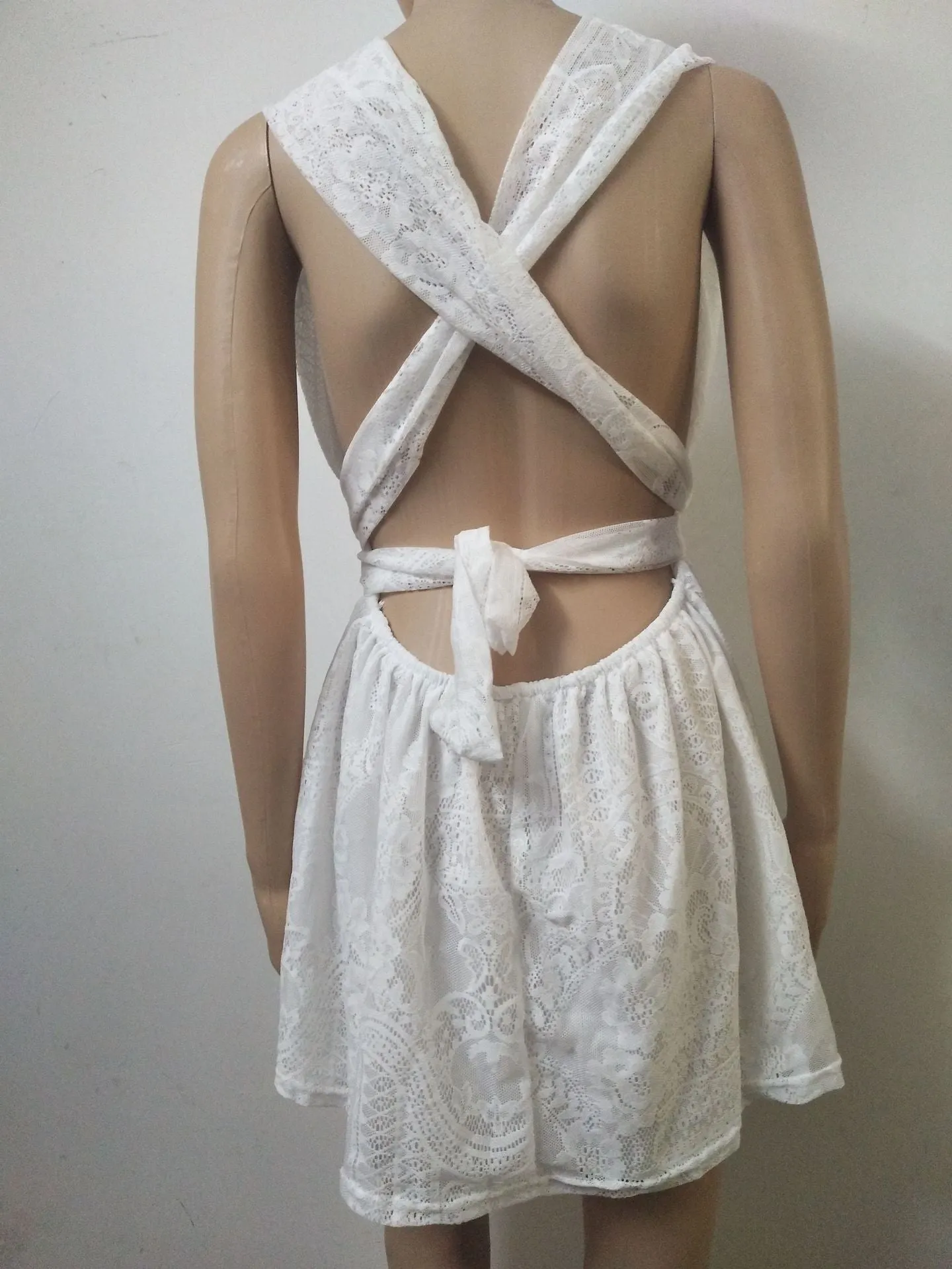 Backless Spaghetti Strap White Lace Back Cross V-neck Short Dress