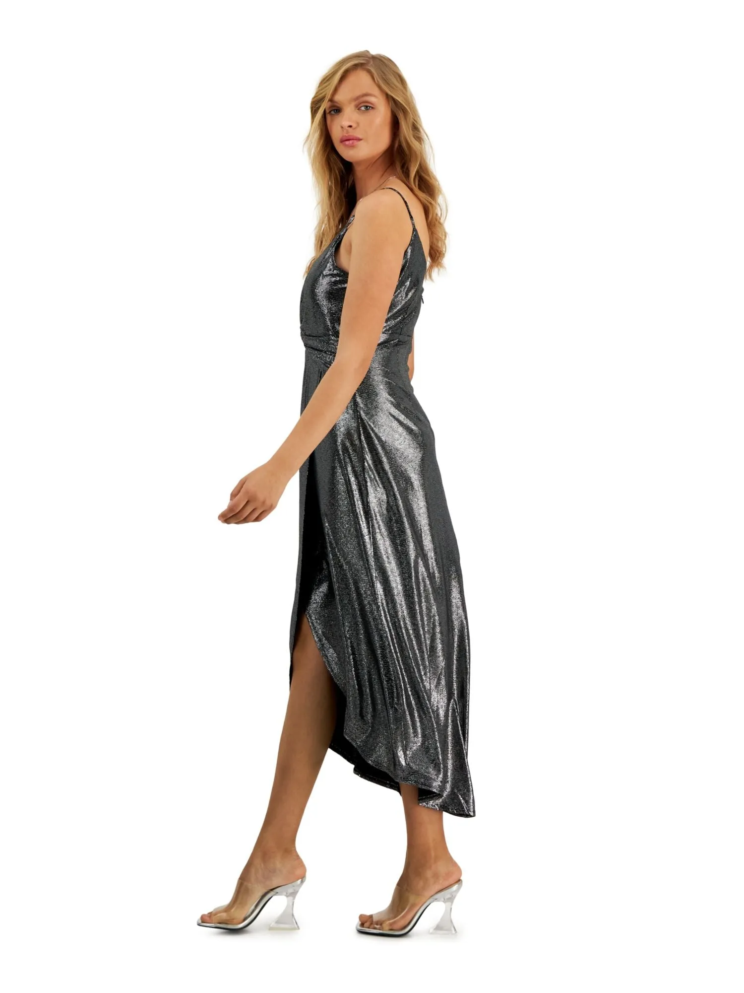 BAR III DRESSES Womens Black Zippered Twist Front Lined Spaghetti Strap Surplice Neckline Tea-Length Party Faux Wrap Dress