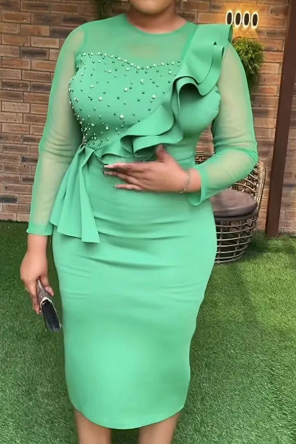 Beaded & Ruffle Decor Sophisticated Midi Dress