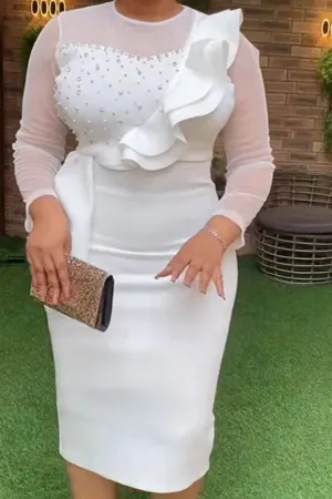 Beaded & Ruffle Decor Sophisticated Midi Dress