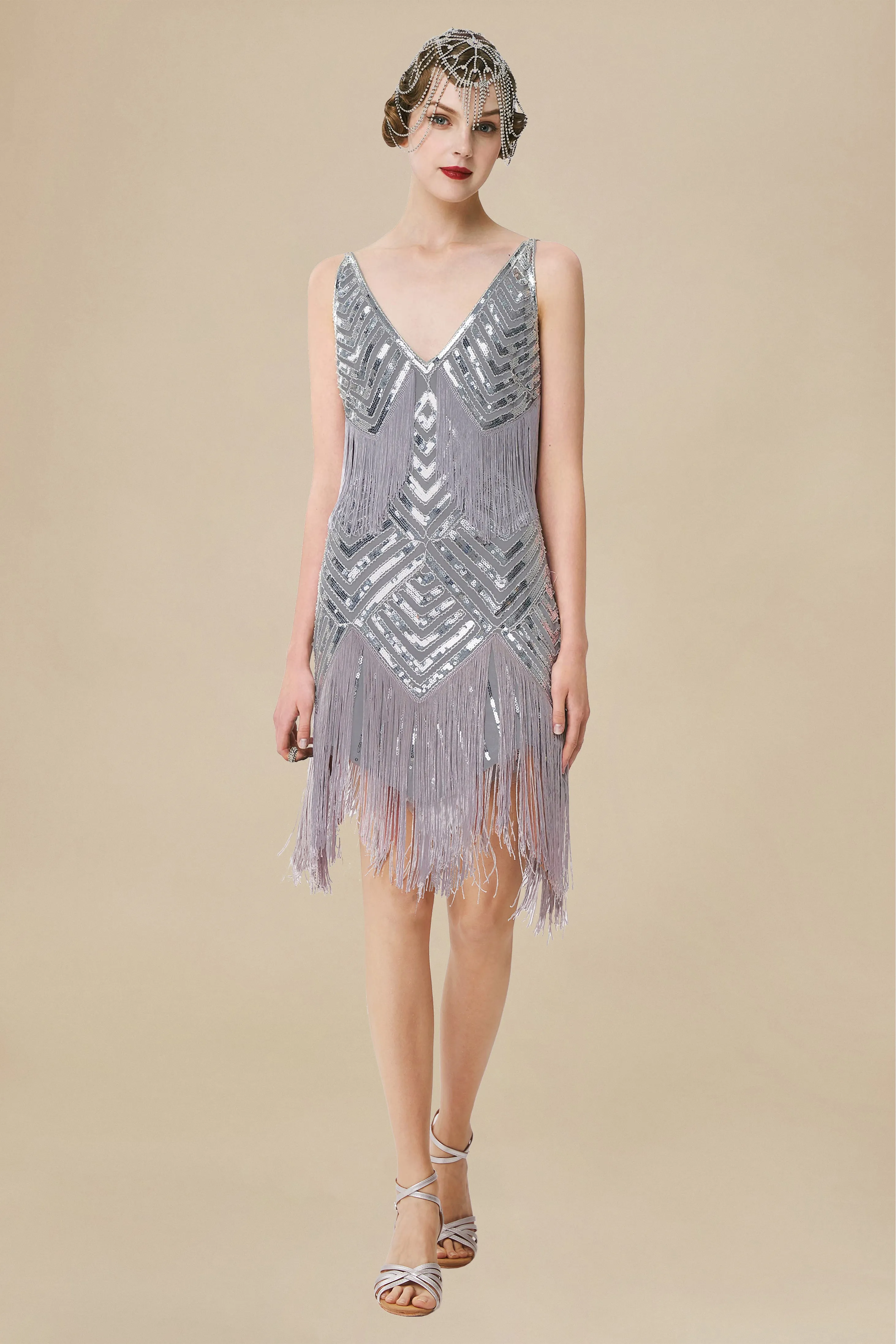 Beaded Sequin V-Neck Mini Dress