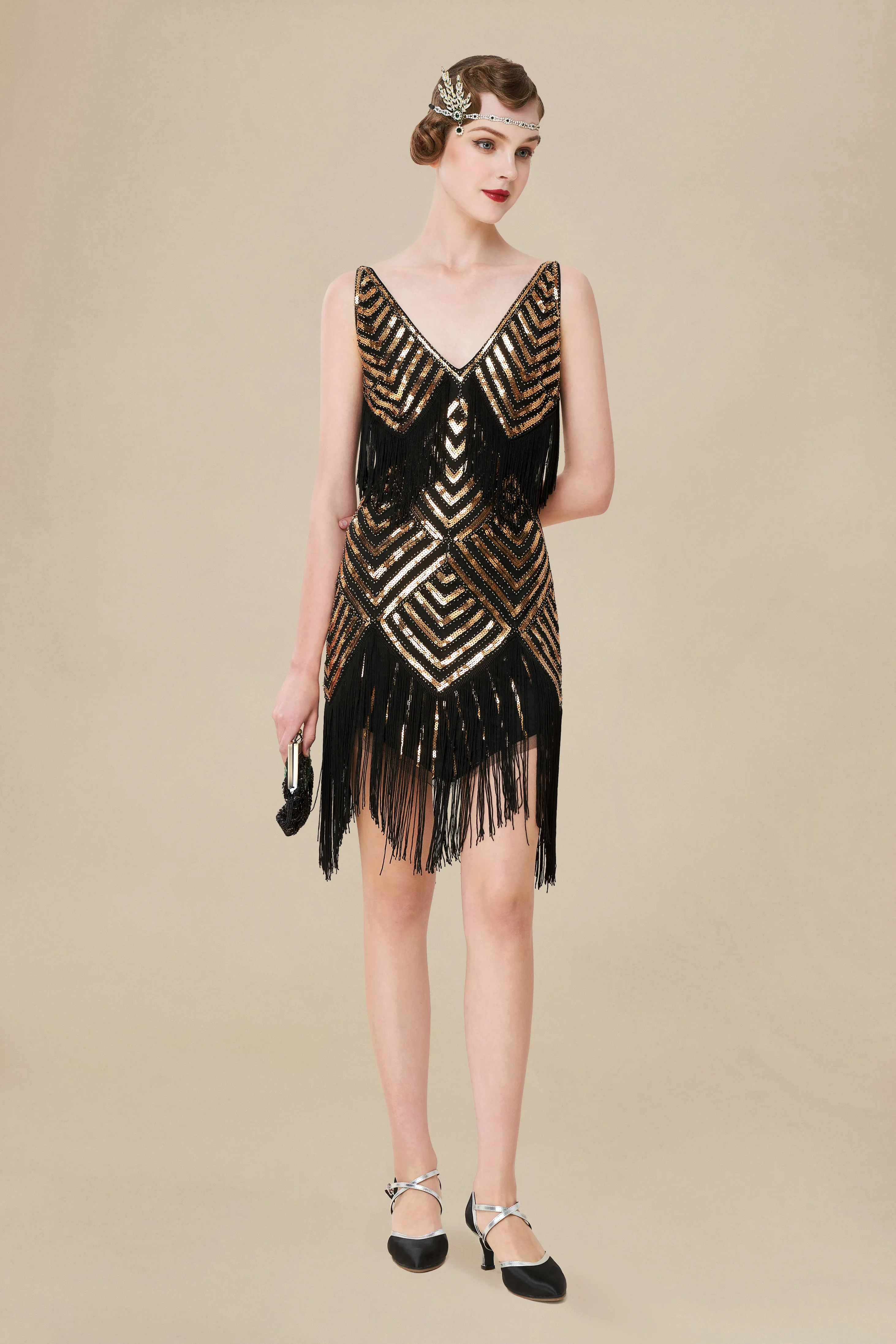 Beaded Sequin V-Neck Mini Dress