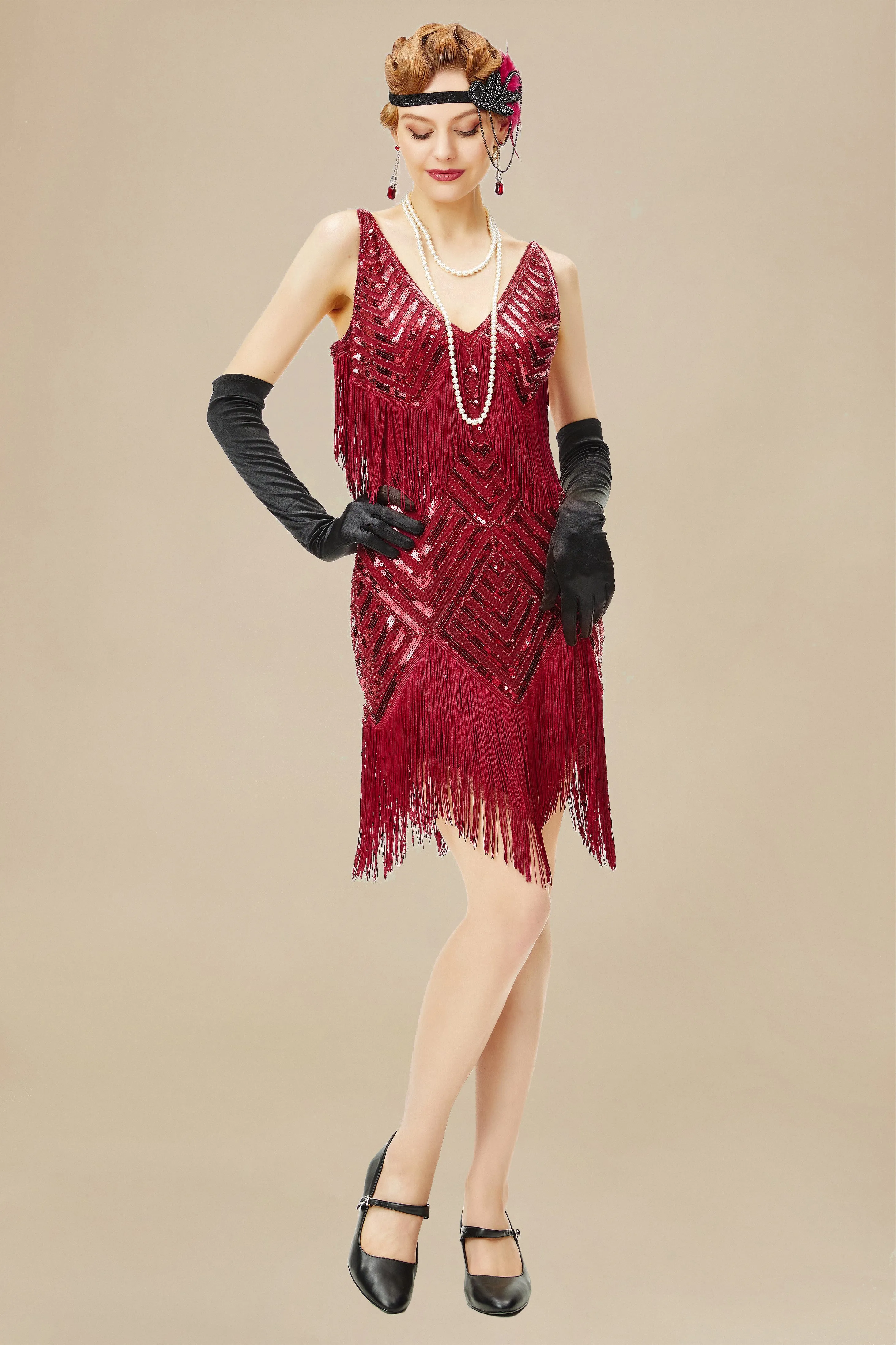 Beaded Sequin V-Neck Mini Dress