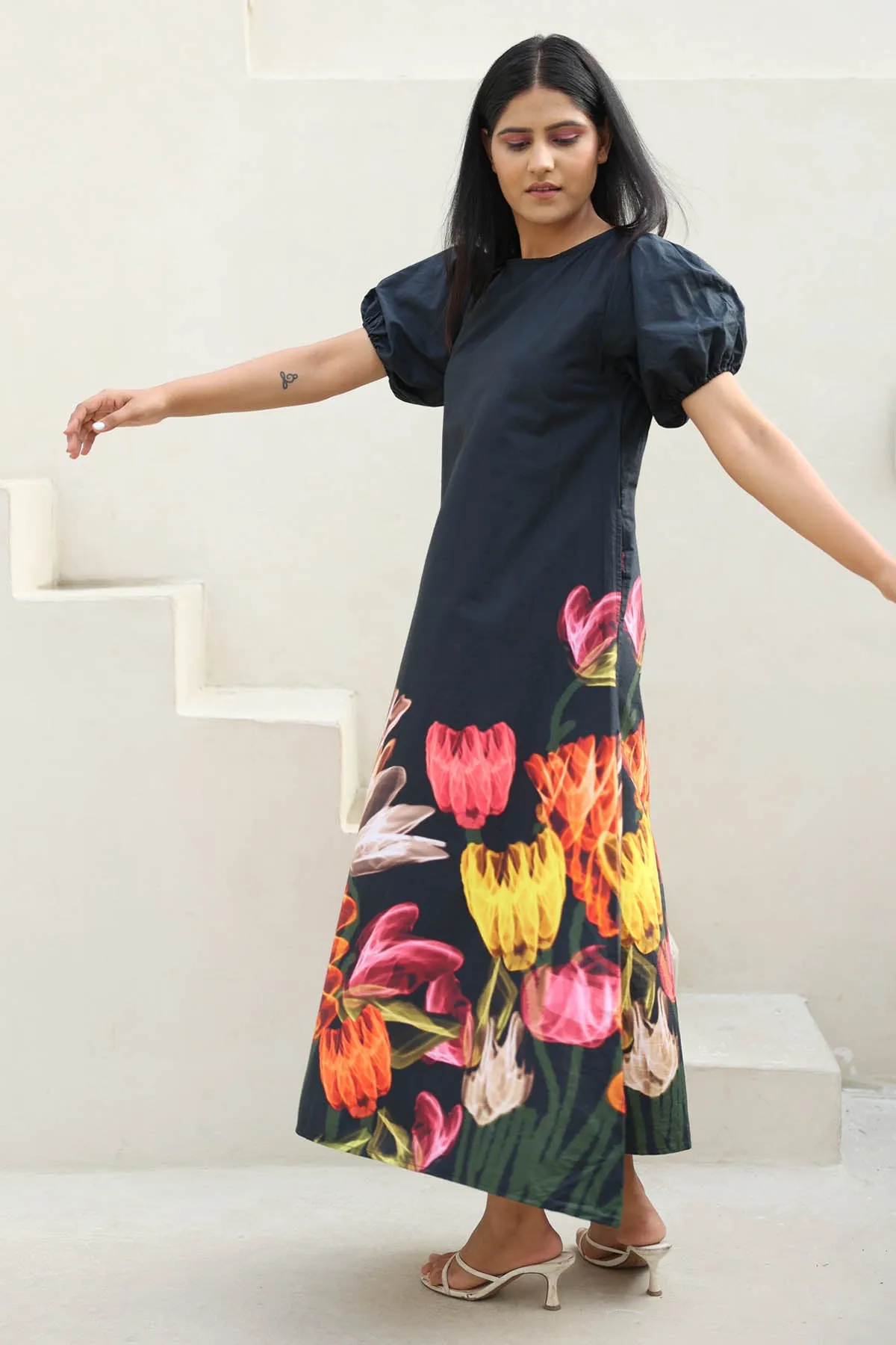 Black Floral Print Maxi Dress