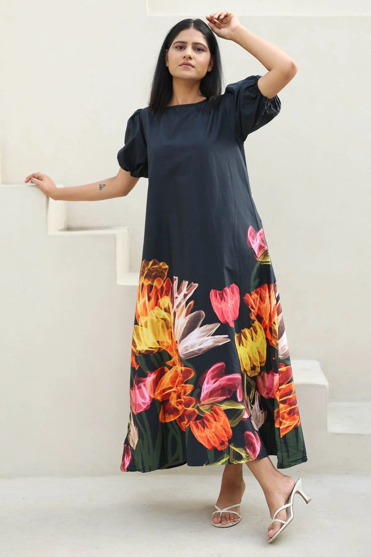Black Floral Print Maxi Dress