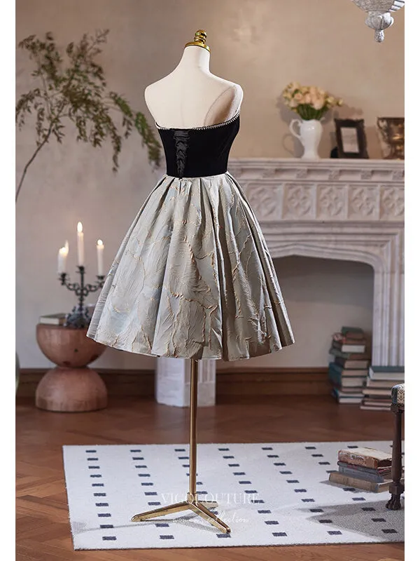 Black Jacquard Satin Homecoming Dress Strapless Graduation Dress hc329