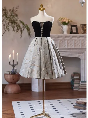 Black Jacquard Satin Homecoming Dress Strapless Graduation Dress hc329