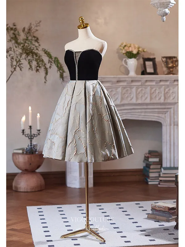 Black Jacquard Satin Homecoming Dress Strapless Graduation Dress hc329