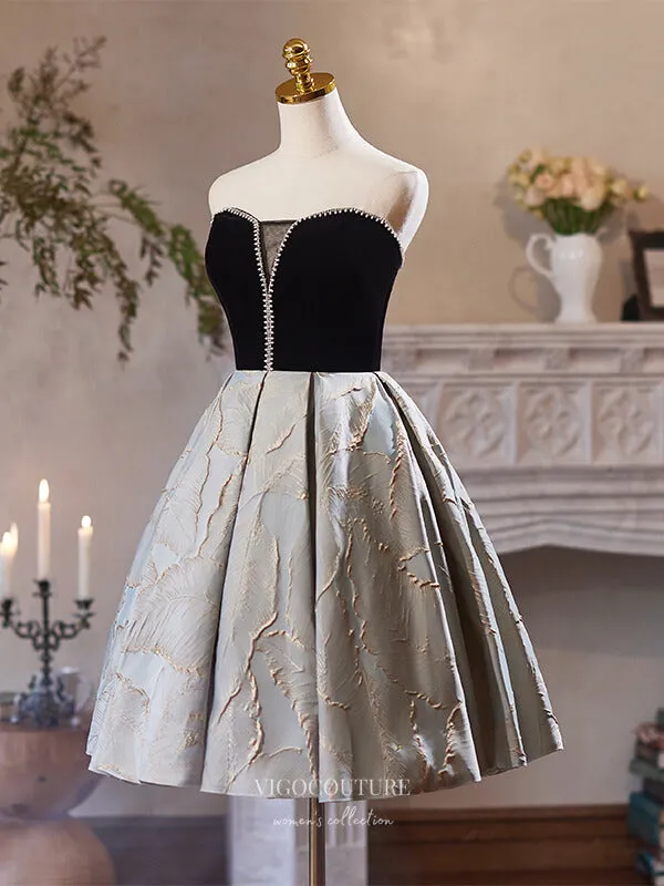 Black Jacquard Satin Homecoming Dress Strapless Graduation Dress hc329