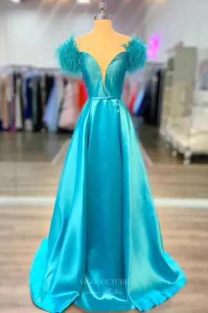 Blue Feathers Satin Cheap Prom Dresses 2024 Plunging V-Neck 24265