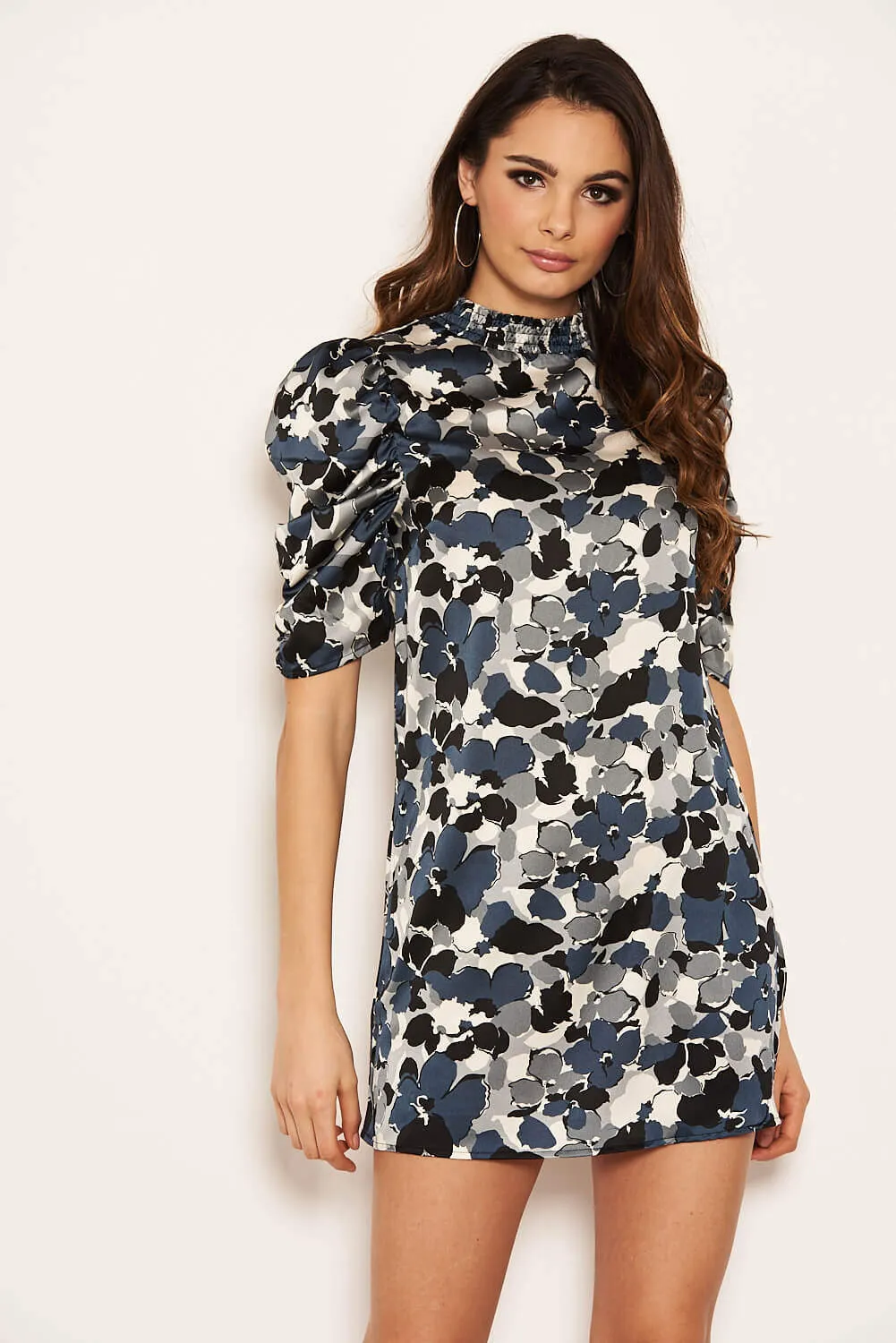 Blue Satin Printed Puff Sleeve Dress