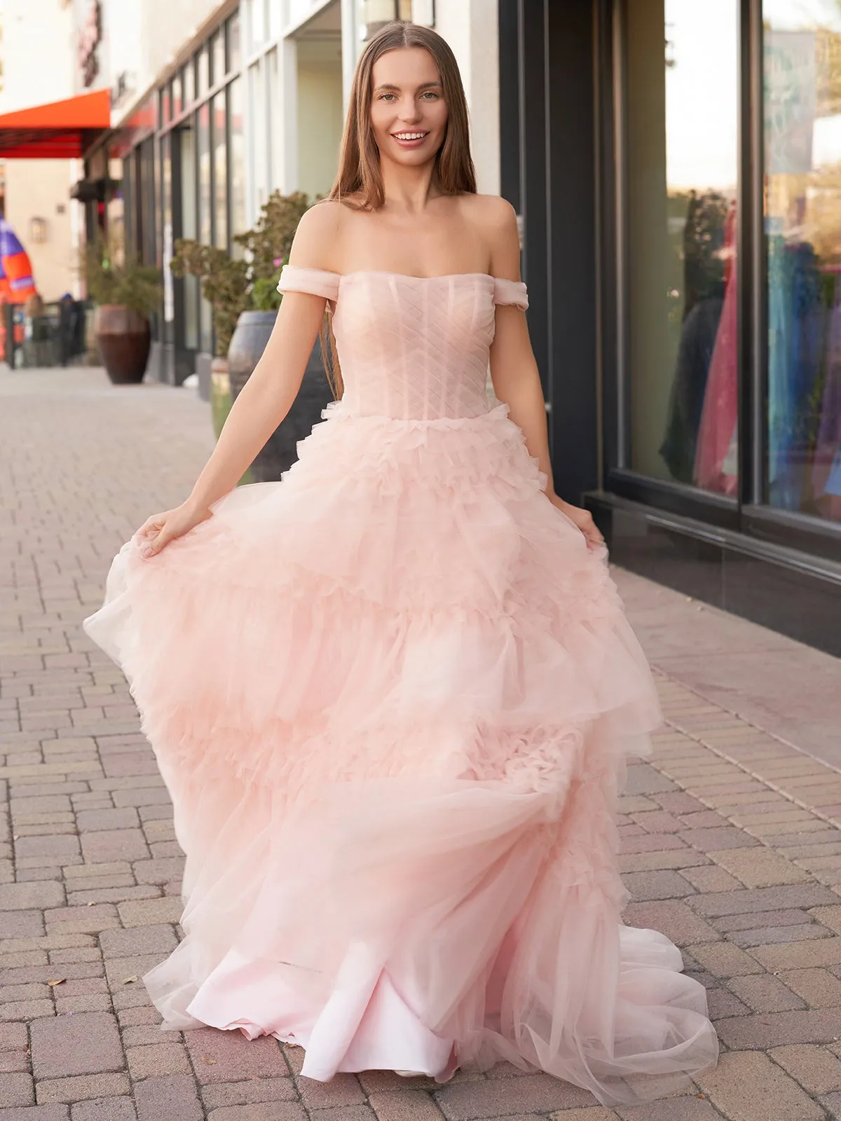 Blush Princess A line Off Shoulder Ruffled Tulle Prom Dress