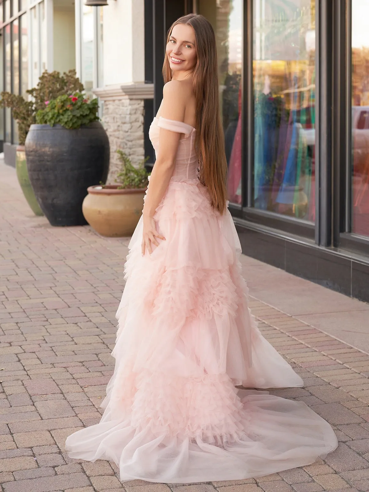 Blush Princess A line Off Shoulder Ruffled Tulle Prom Dress