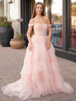Blush Princess A line Off Shoulder Ruffled Tulle Prom Dress