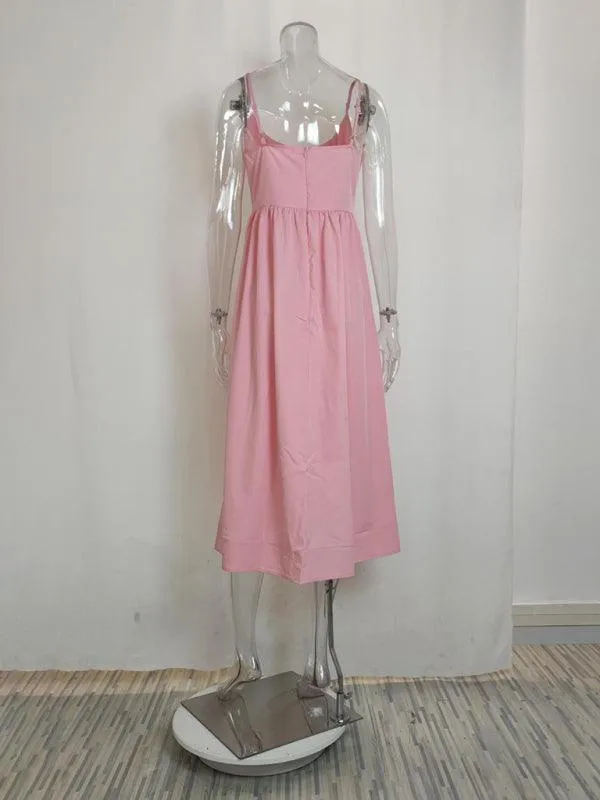 Boho Chic Pleated Suspenders Dress with U-Neck and Dropped Sleeves