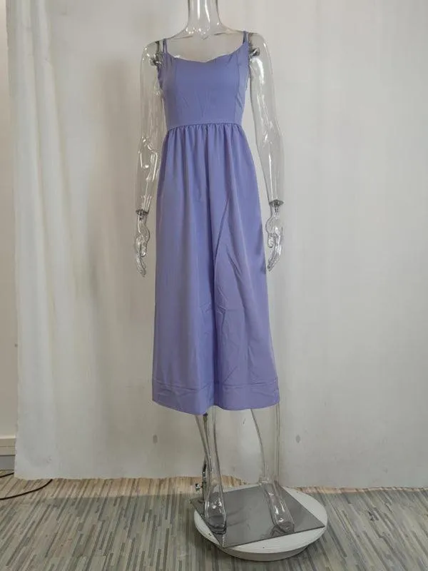 Boho Chic Pleated Suspenders Dress with U-Neck and Dropped Sleeves