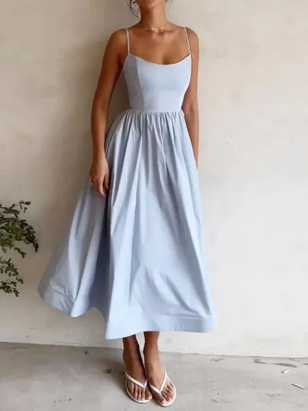 Boho Chic Pleated Suspenders Dress with U-Neck and Dropped Sleeves