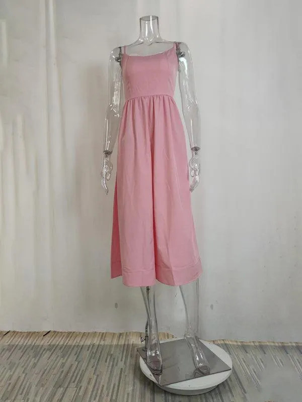 Boho Chic Pleated Suspenders Dress with U-Neck and Dropped Sleeves