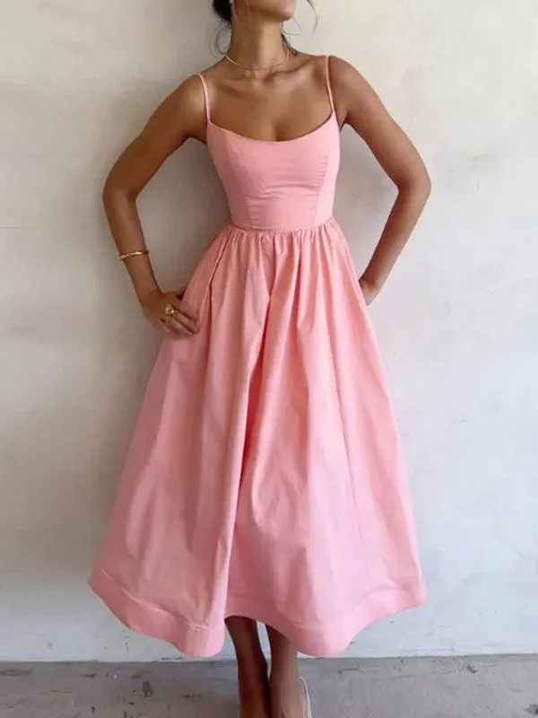 Boho Chic Pleated Suspenders Dress with U-Neck and Dropped Sleeves