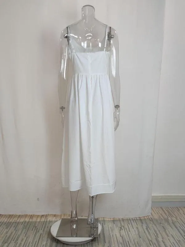 Boho Chic Pleated Suspenders Dress with U-Neck and Dropped Sleeves
