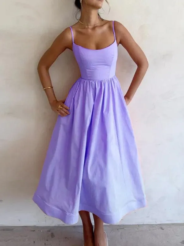 Boho Chic Pleated Suspenders Dress with U-Neck and Dropped Sleeves