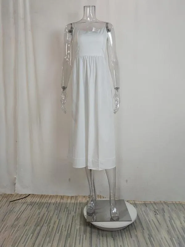 Boho Chic Pleated Suspenders Dress with U-Neck and Dropped Sleeves