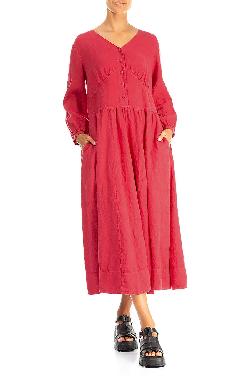Buttoned Raspberry Linen Dress