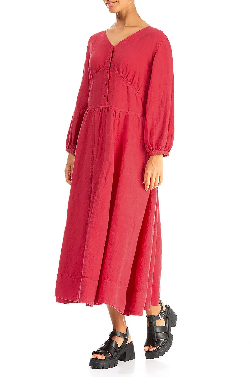 Buttoned Raspberry Linen Dress