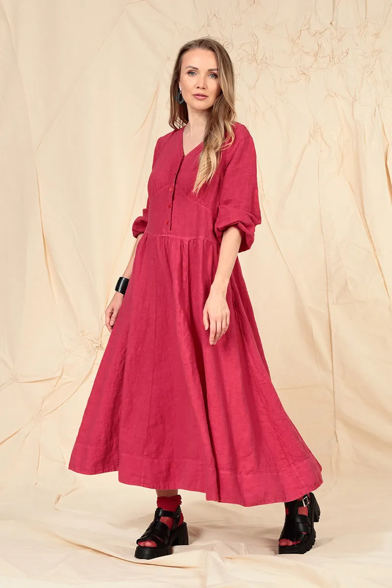 Buttoned Raspberry Linen Dress