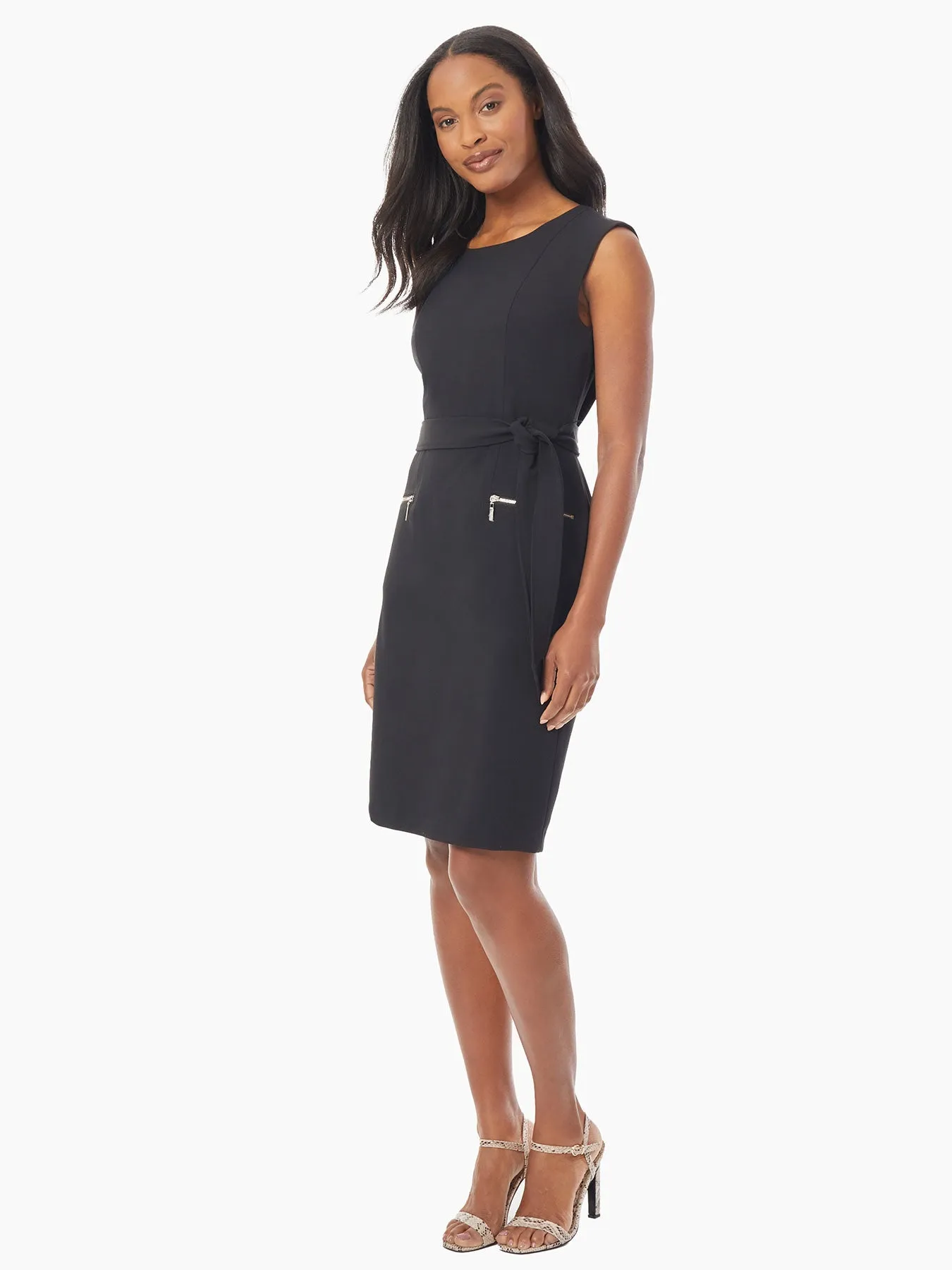 Cap Sleeve Stretch Crepe Tie-Waist Dress