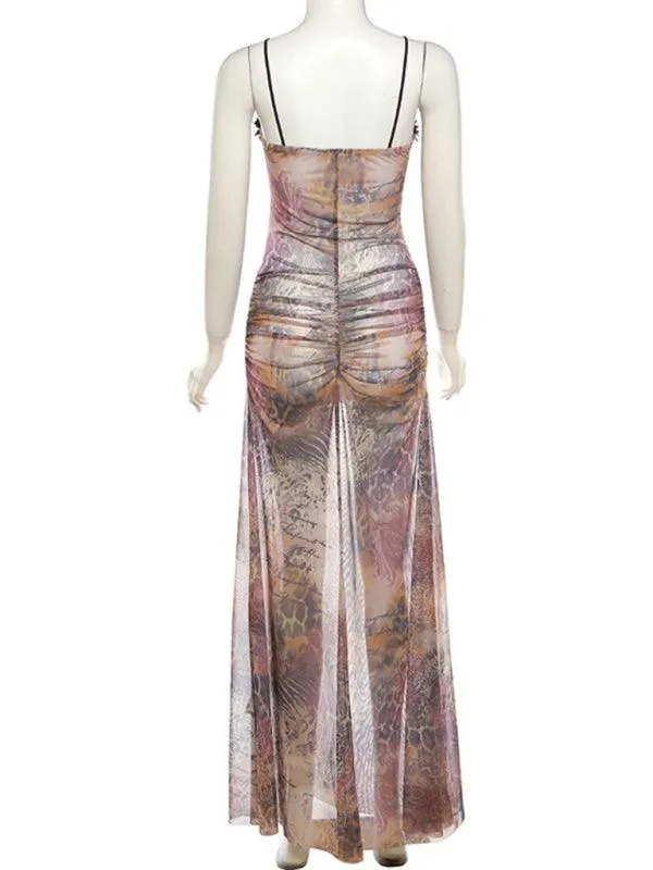 Captivating Backless Halter Dress with Unique Digital Print and Elegant Hollow Accents