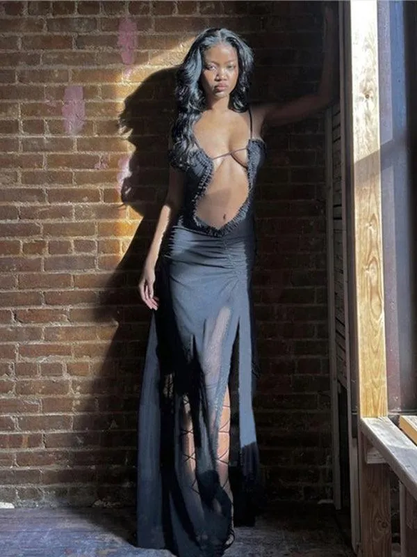 Captivating Backless Halter Dress with Unique Digital Print and Elegant Hollow Accents
