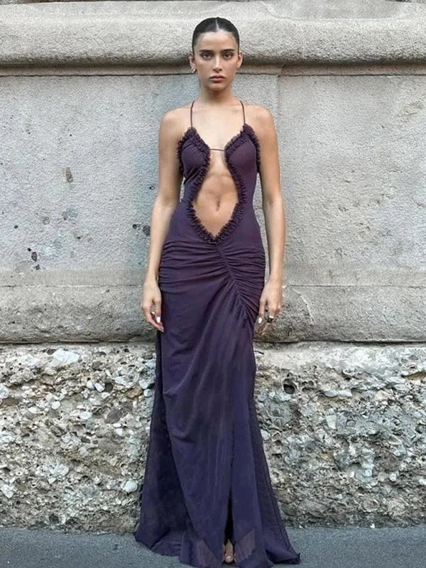 Captivating Backless Halter Dress with Unique Digital Print and Elegant Hollow Accents