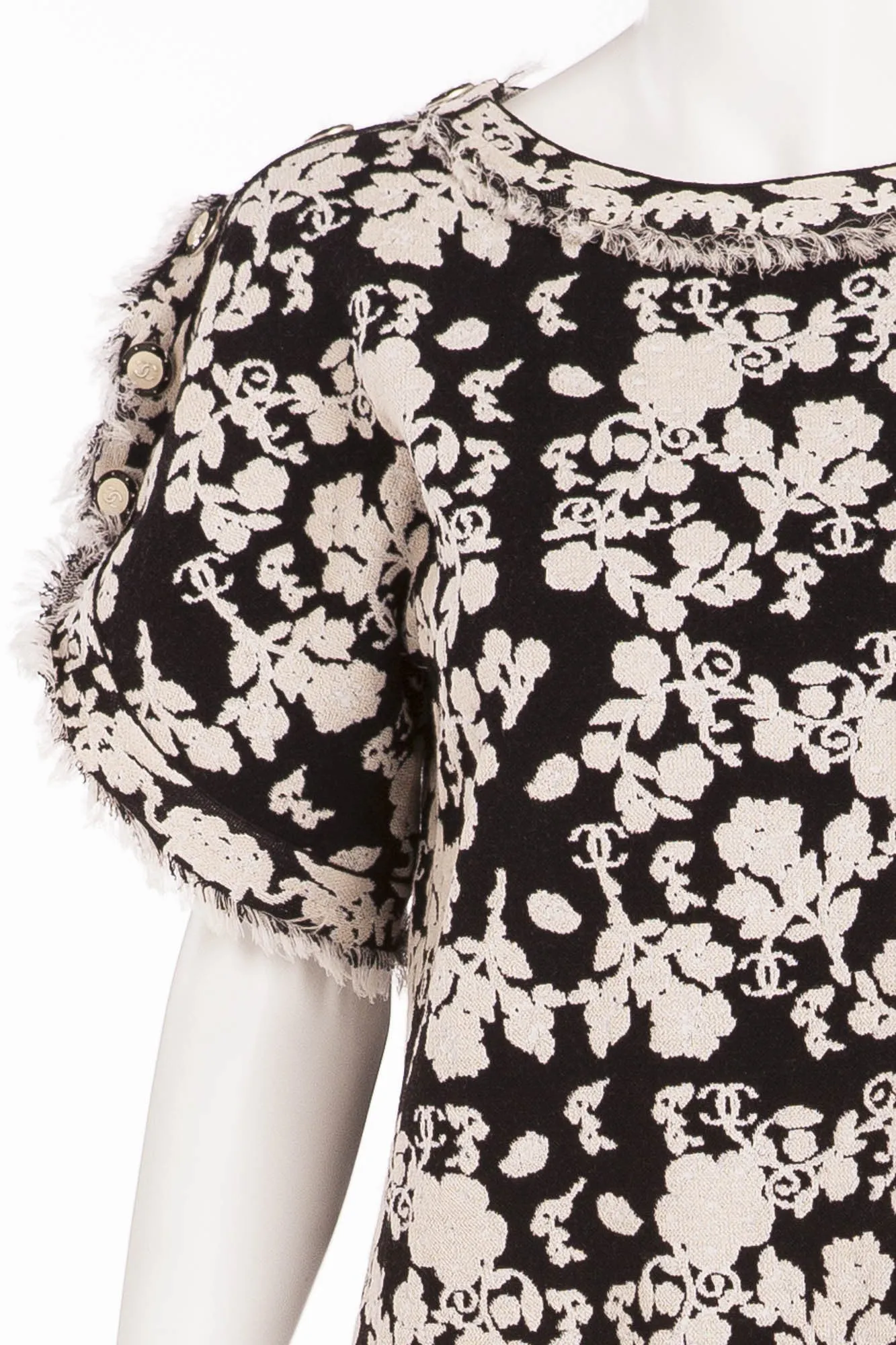Chanel - White & Black Short Sleeve Floral Patterned Dress - FR 40