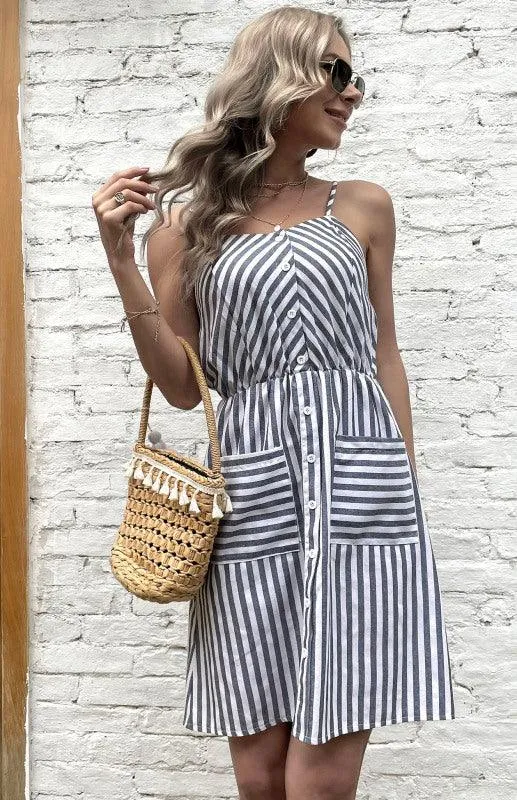 Chic Grey Striped Cotton Linen Slip Dress - Women's All-Day Elegance