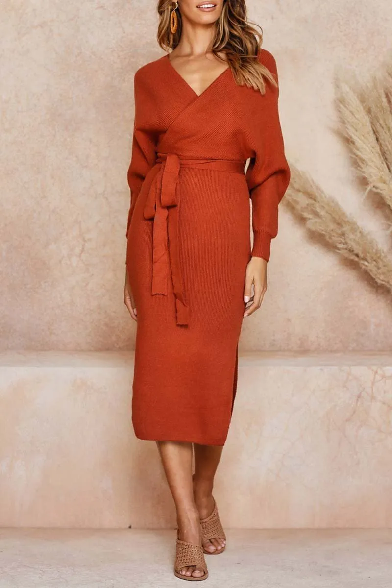 Chicindress V Neck Backless Sweater Midi Dress(5 Colors)
