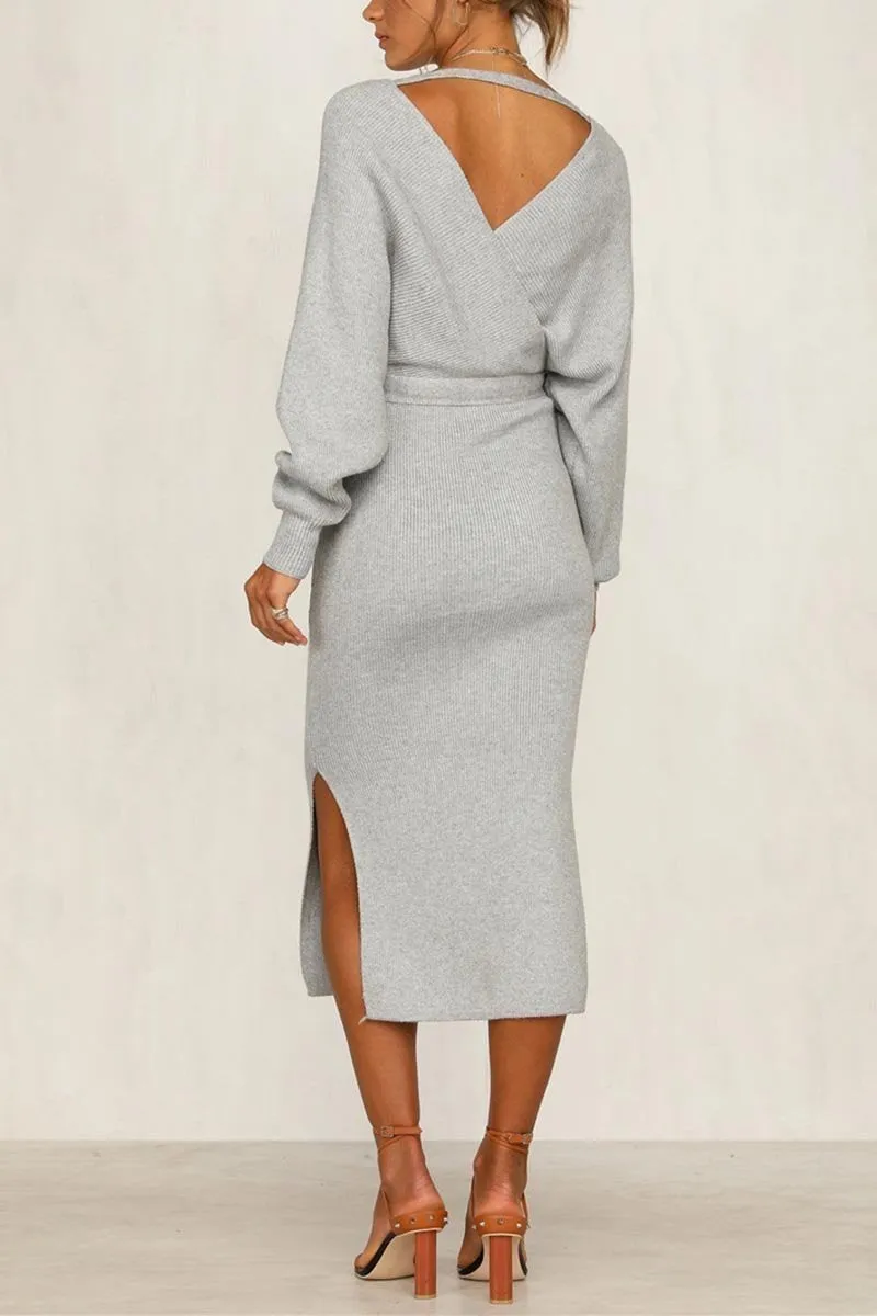 Chicindress V Neck Backless Sweater Midi Dress(5 Colors)