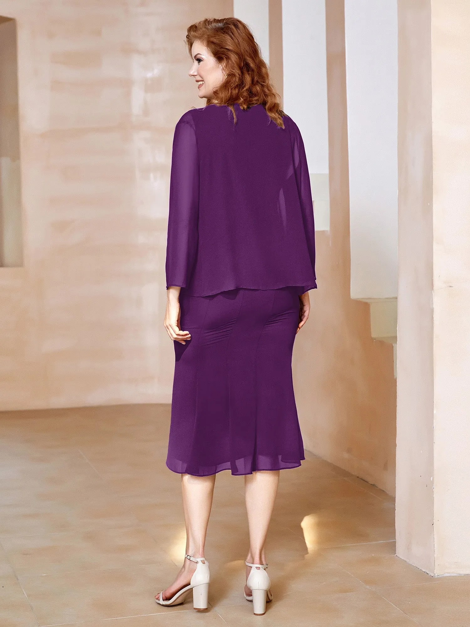 Chiffon Beaded Tea-length Dress with Jacket Grape