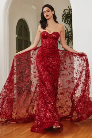 CINDERELLA DIVINE CB046 Floral Applique Glitter Fitted Gown with Overskirt