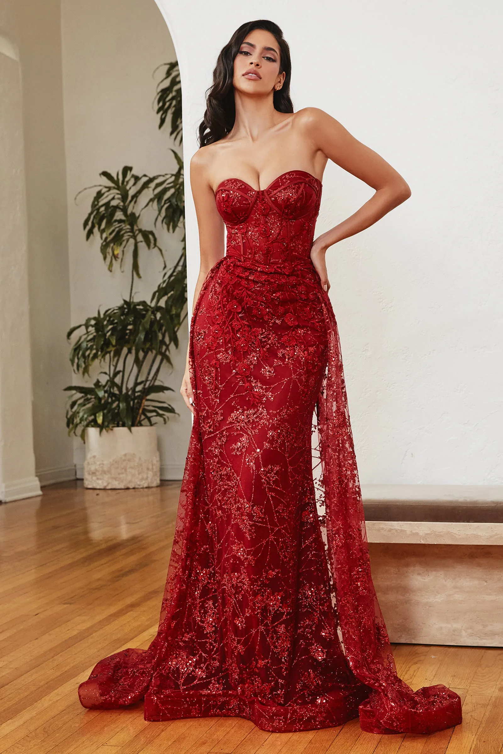 CINDERELLA DIVINE CB046 Floral Applique Glitter Fitted Gown with Overskirt