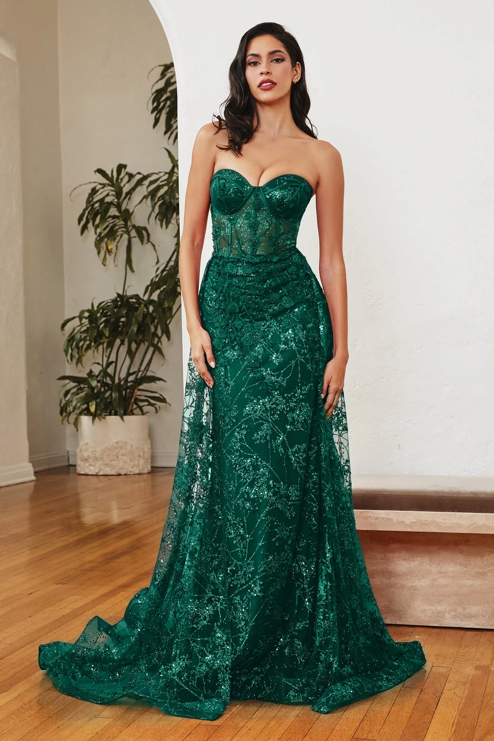 CINDERELLA DIVINE CB046 Floral Applique Glitter Fitted Gown with Overskirt