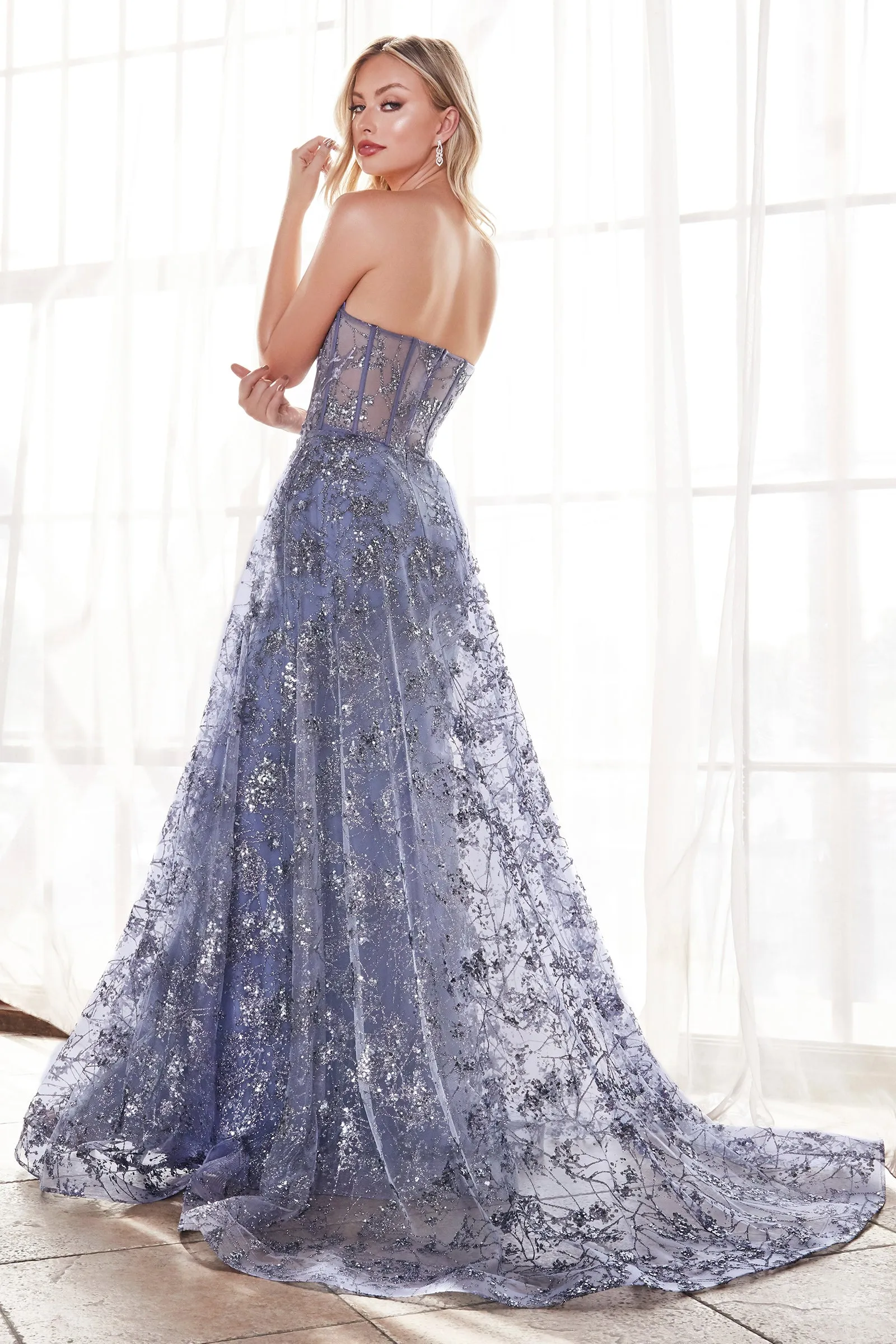 CINDERELLA DIVINE CB046 Floral Applique Glitter Fitted Gown with Overskirt