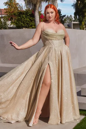 CINDERELLA DIVINE CD252C Plus Size A-Line Glitter Lace-Up Corset Gown